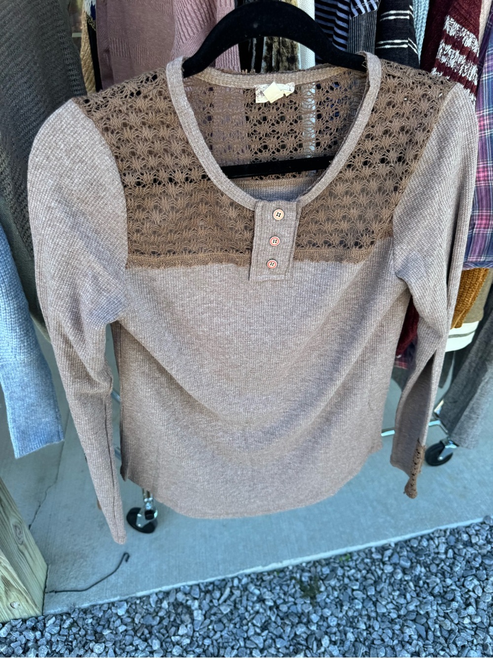 Hem & Thread Lace-Yoke Henley Long Sleeve Top in Light Brown